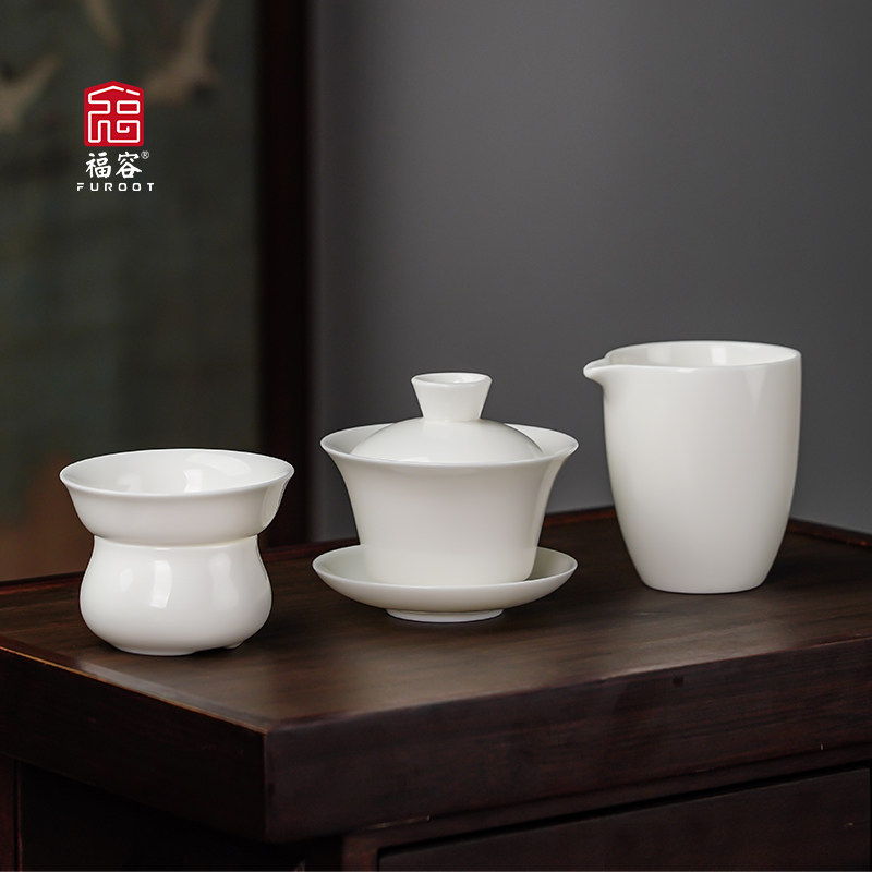 Justice Cup Three sets of cover Bowl Tea Leak Suit Tea Set Goat Grease Jade Ceramic Tea Cup Gong Fu Tea Sea-Taobao