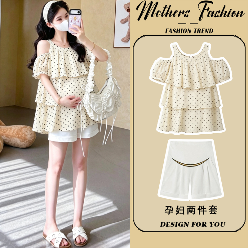 Maternity Suit Summer 2026 New Fashion Thin Style Pregnant Mother Beige Polka Dot Off-Shoulder Top and Shorts Two-Piece Set for Women