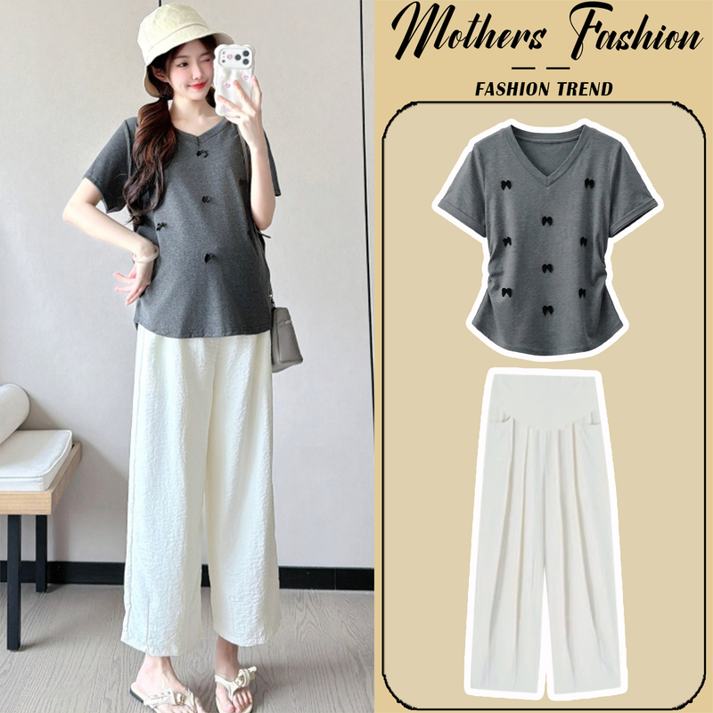 Maternity Suit Summer Thin Style 2026 New Fashion Gray Loose Short-Sleeved Top and Pants Two-Piece Set for Pregnant Women