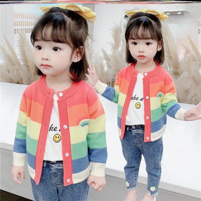 Colorful Sweater Girls Cardigan Sweater 2021 New Big Boy Spring Style Single Wear Western Style Children's Fashion Sweet Thin