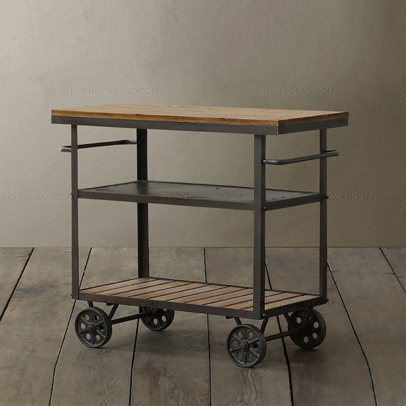 Wrought iron solid wood retro dining car wine tea trolley mobile kitchen rack three-tier small trolley sideboard