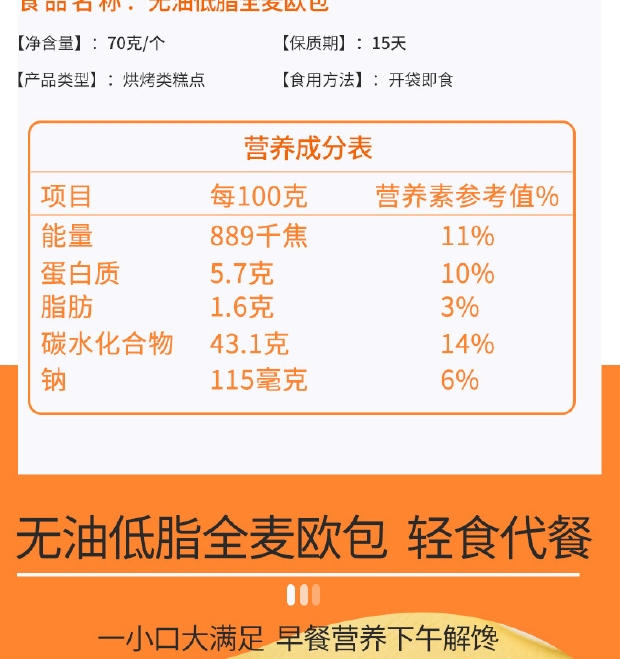 【荔园】低脂无油无糖全麦代餐欧包560g