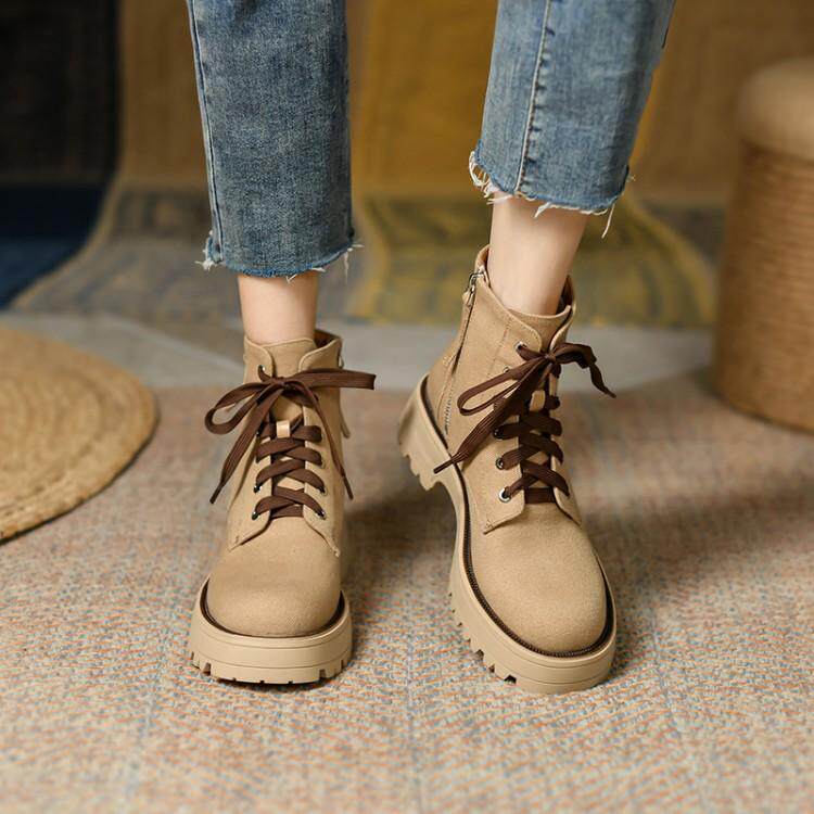 Short boots Women 2021 New winter gush Inn Wind Martin boots Leather Flat Bottom Round Head Short Barrel Boots