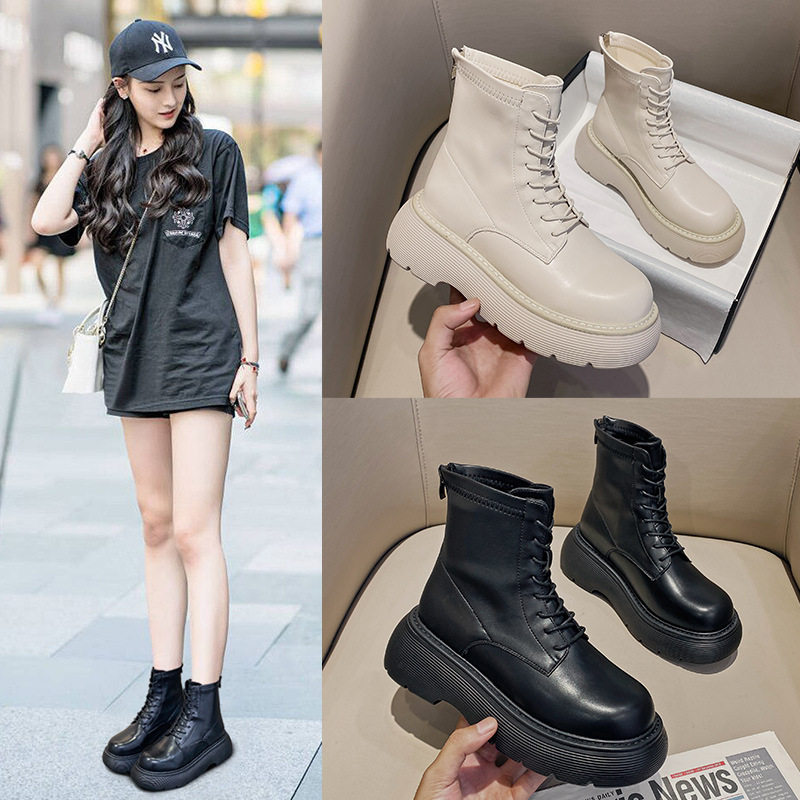 Blowing Short Boots Woman 2021 New in Tide Leather thick Spring and Autumn Single Boots Little British Wind Martin Boot C