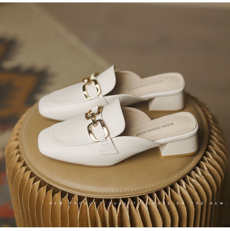 Genuine Leather Fashionable Closed-Toe Half-Slippers for Women, 2025 Autumn and Summer New Style, Metal Buckle, Chunky Heel, High-Heeled Mules and Slippers