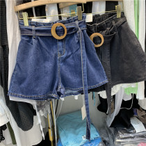 Q H one thousand Lunar New Year 91068 Summer foreign air playful leather round buckle belt tightness waist flower bud A character blue denim shorts woman