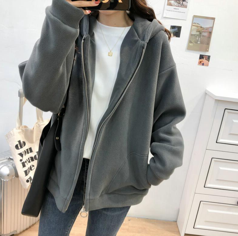 South Korea anti-plush warm hooded zipper jacket tide women's velvet cardigan casual autumn and winter loose thin sweater