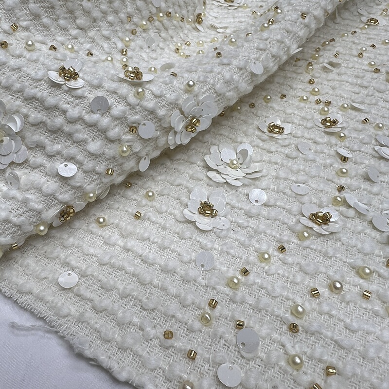 Wool Tweed Fabric with Small Pearl Embellishments, Elegant White Floral Design, High-End Tweed Fabric for Custom-Made Jackets and Dresses