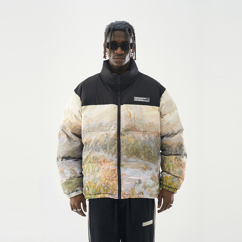Harshandcruel Paris Royal Palace Oil Painting Full-Print Patchwork Loose-Fitting Versatile Stand-Collar Windproof Warm down Jacket