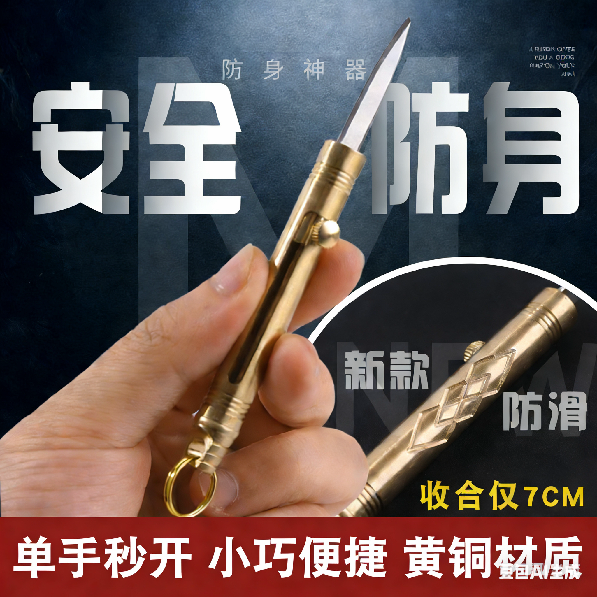 多功能高档黄铜迷你自动小刀复古金属便携式弹簧收缩刀防身拆快递