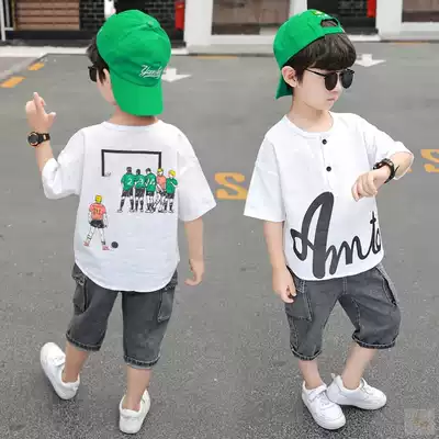 Version of the suit jeans foreign school boys new two-piece 2020 handsome children's Korean short-sleeved boys summer children's clothing