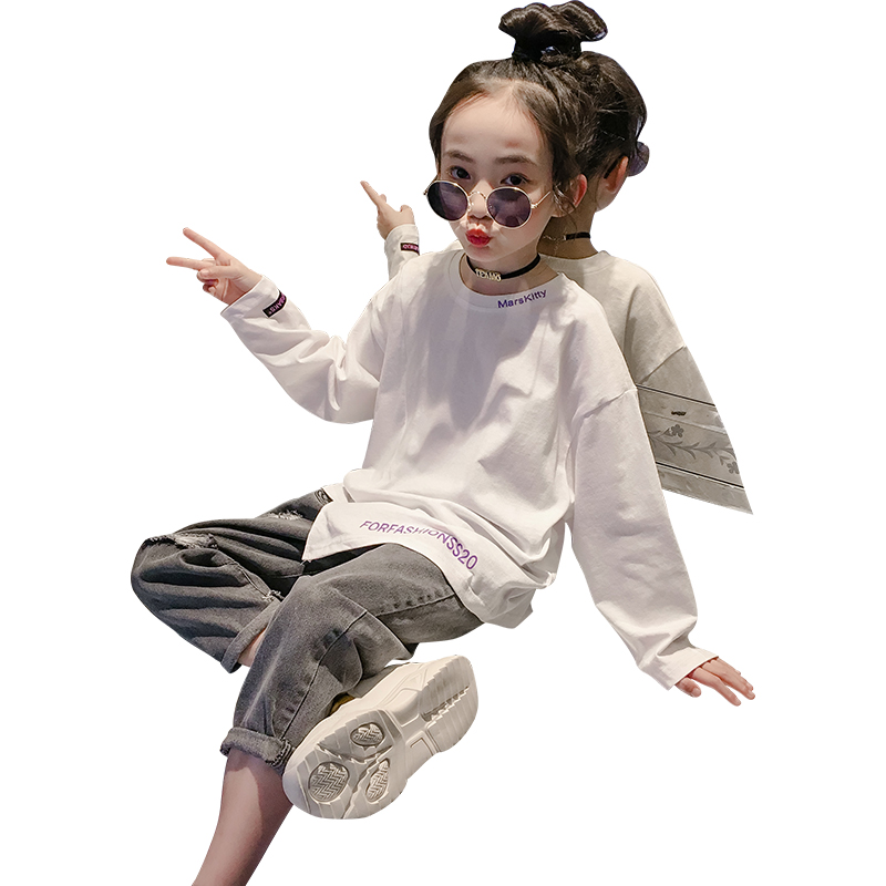 mặc cô gái trẻ em lỏng dài tay áo thun 2020 mới phiên bản Hàn Quốc của mùa thu quần áo vừa trẻ em mùa xuân và đầu mùa thu không khí.