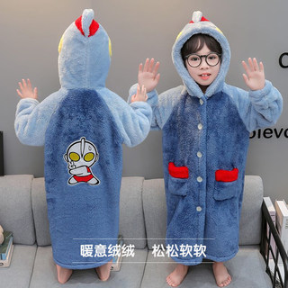 Ultraman boys' coral velvet nightgown, home wear bathrobe
