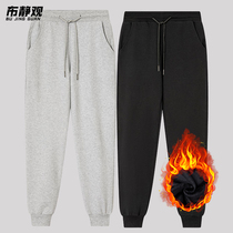 Autumn Winter Sports Pants Mens Bunches Pants Loose Work Pants Pure Cotton Small Footed Pants Plus Suede Pure Color Black Close-up Sweatpants
