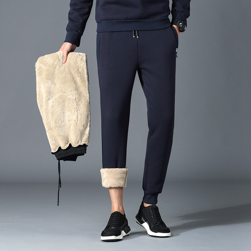 Winter men's fleece thickened sports pants warm lamb velvet small foot cotton pants casual thick cotton pants men's loose long pants