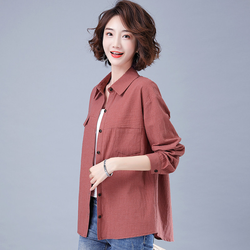 Striped shirt women's long-sleeved autumn 202 new middle-aged women's loose thin top 40-year-old mother shirt cotton