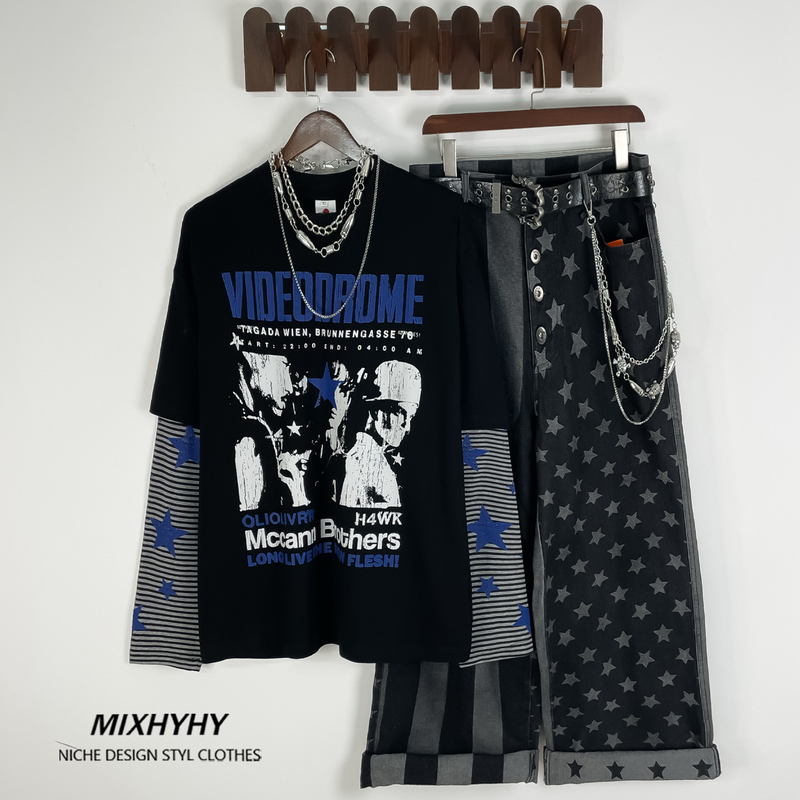 Mixhyhy American High Street Patchwork Fake Two-Piece Star Stripe Long-Sleeve T-Shirt Unisex Trendy Street Light Casual Top Mixhyhy American High Street Patchwork Fake Two-Piece Star Stripe Long-Sleeve T-Shirt Unisex Trendy Street Light Casual Top