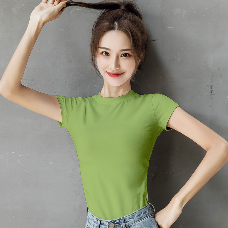 Summer solid color matcha green women's short-sleeved T-shirt slim Korean style Western style 2022 new products super hot cec half-sleeve trend