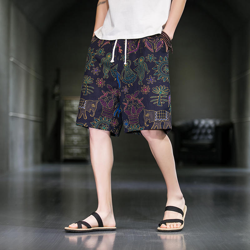 Linen Shorts for Men, Summer Casual Five-Point Pants, Chinese Style Men's Beach Pants, Loose Straight Cotton and Linen Pants