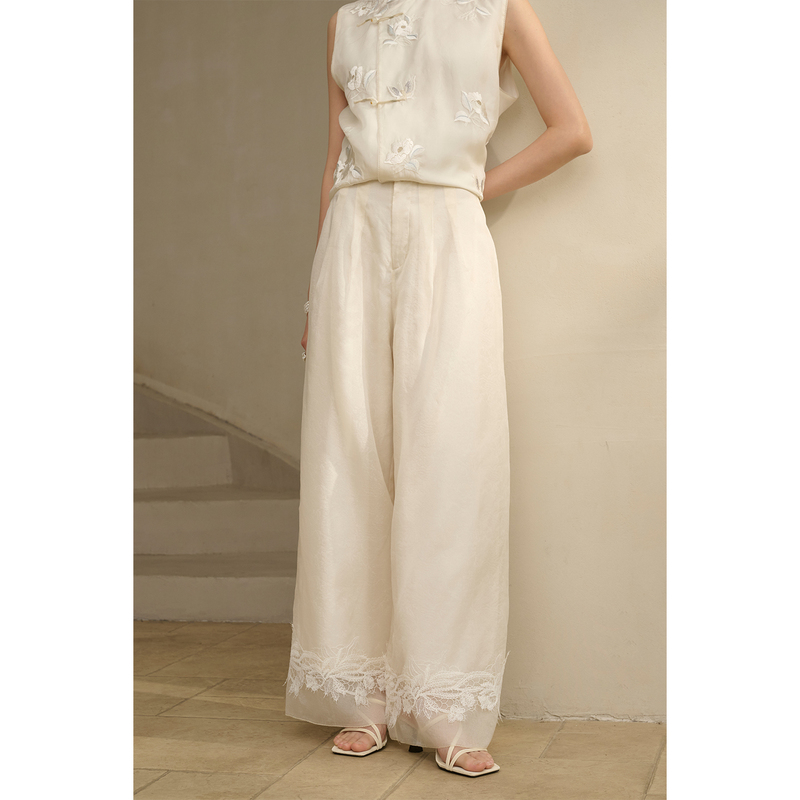 Heeyeeko Floral Lace Pattern Dark Pattern 100% Silk Chiffon Lace Wide-Leg Pants New Chinese Style Heeyeeko Floral Lace Pattern Dark Pattern 100% Silk Chiffon Lace Wide-Leg Pants New Chinese Style