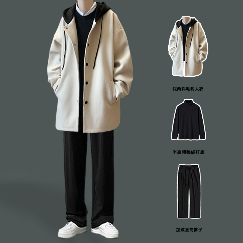 Поддельное шерстяное пальто из двух частей, мужские осенние и зимние модели средней длины, модная ветровка высокого класса в стиле ruffian, одежда для мальчиков в комплекте