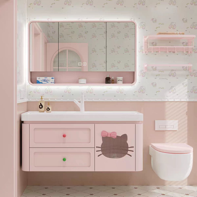 Dopamine Pink French-Style Bathroom Cabinet with Integrated Ceramic Ocean Basin, Oak Washbasin Cabinet Set