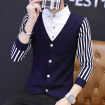 Shirt collar sweater men Korean version leads knitwear men trend fake two vests personality base autumn and winter thread coat