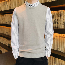 Fake two sweater men autumn thick base shirt 2021 autumn winter Korean men shirt collar sweater tide coat