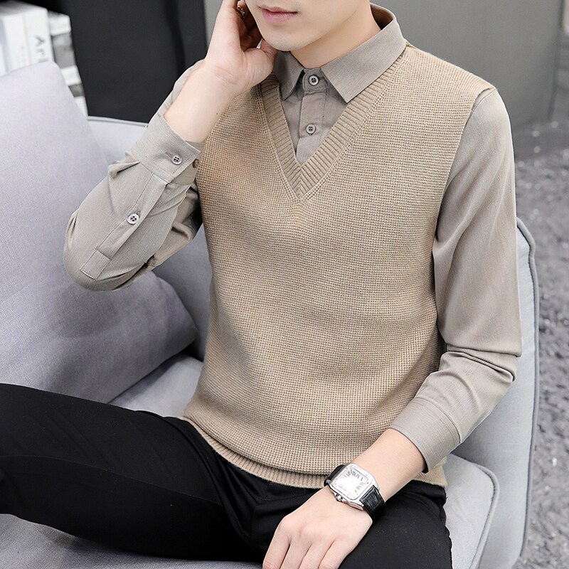 Autumn and winter holiday two-piece sweater men's Korean version 2022 new shirt collar bottoming sweater collar loose sanitary clothing