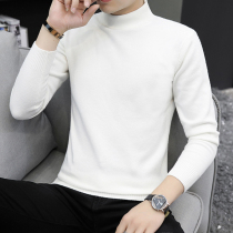 Sweater mens half high collar autumn and winter solid color middle collar white knit sweater plus velvet thick base shirt tide top