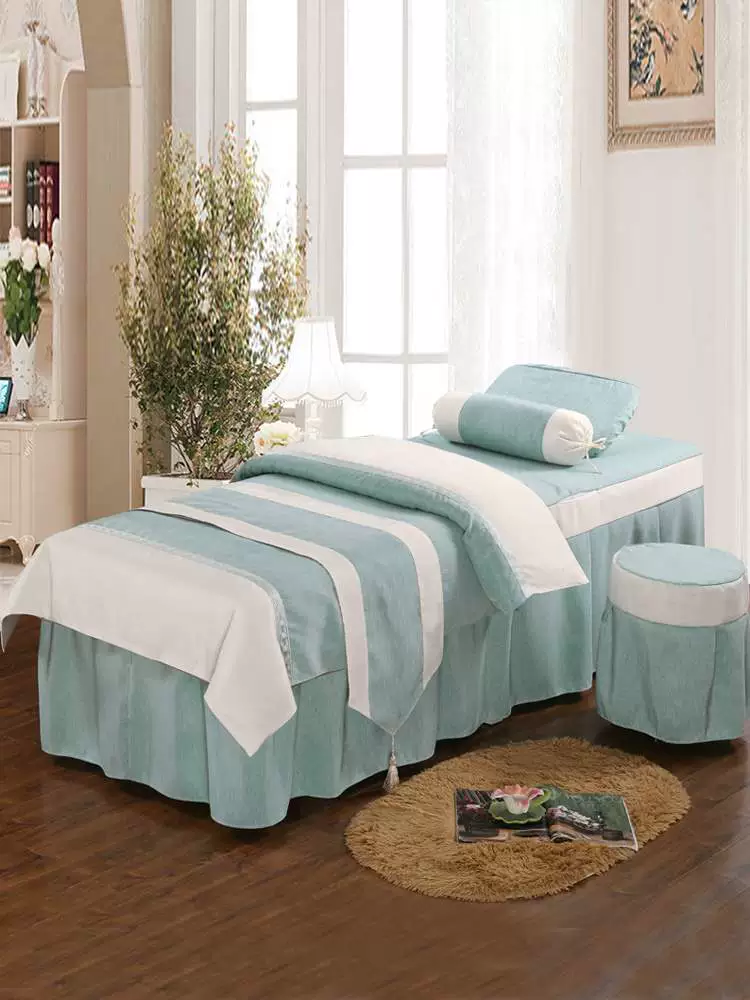 Khăn trải giường làm đẹp bốn mảnh đầy đủ cotton và lanh cao cấp thẩm mỹ viện Châu Âu vật lý trị liệu mát xa khăn trải giường đơn giản với các lỗ tùy chỉnh - Trang bị tấm