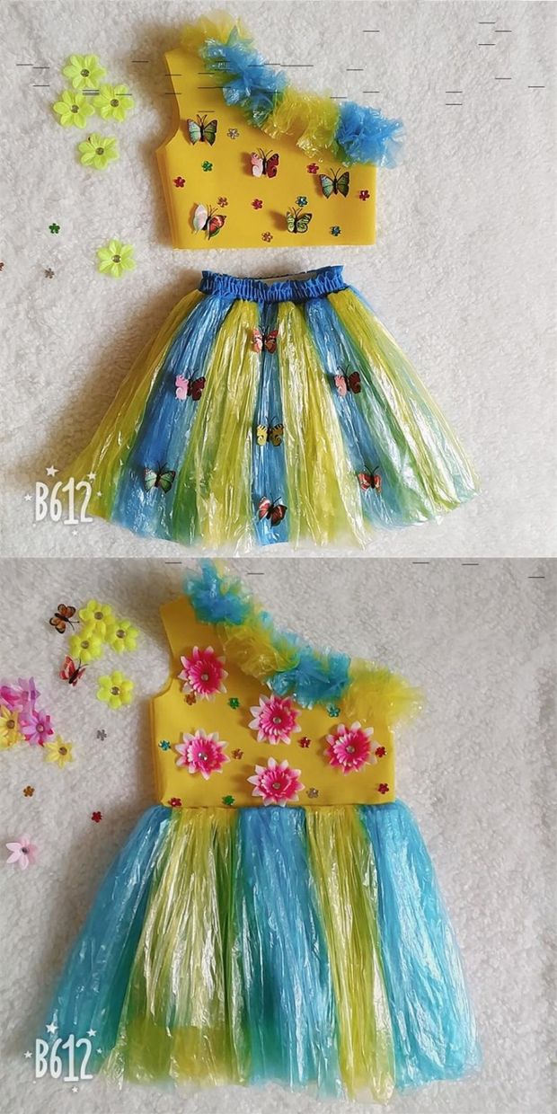 Bảo vệ môi trường quần áo trẻ em trình diễn thời trang mẫu giáo quần áo handmade cô gái sáng tạo cha mẹ trẻ con trình diễn bộ trang phục múa bale đáng yêu