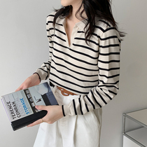 Striped knitwear women spring and autumn 2021 New loose long sleeve shirt top design sense niche short sleeve shirt