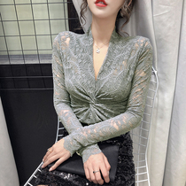 2021 Spring and Autumn new mesh lace base shirt female foreign style interior wear thin Sexy Slim vneck long sleeve top