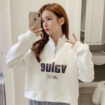 Short stand collar sweater female spring and autumn thin new semi-high collar hoodie Korean pullover loose semi-zipper top