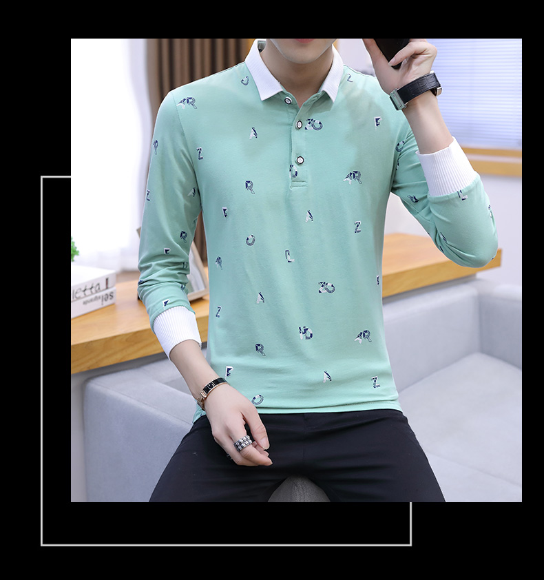 Áo thun nam tay dài mùa thu ve áo in hình áo sơ mi nam POLO nam đẹp trai t 桖 có cà vạt cổ áo quần thủy triều áo thun nam trung niên