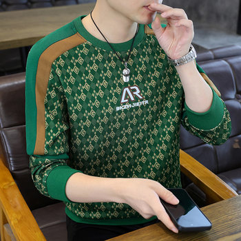 2025 new autumn large size men's sweatshirts fashion casual trendy brand splicing color printed round neck long-sleeved t-shirt ins