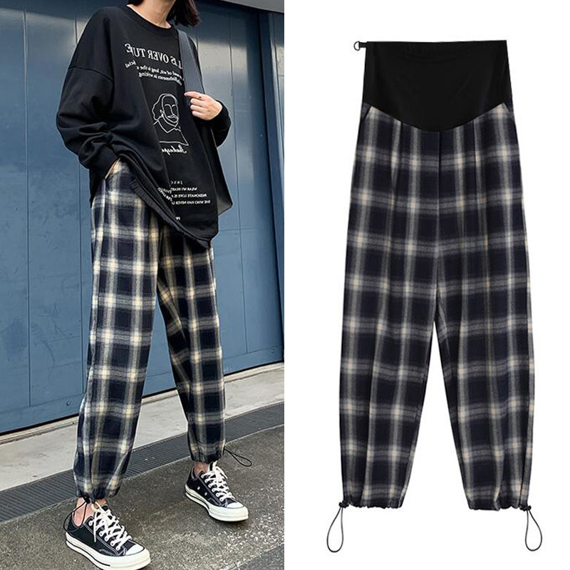 Pregnant Woman Pants Spring Autumn Season Net Red Plaid Old Daddy Pants Fall Grandma Broadlegged Pants Loose Sports Casual Bouquet Pants
