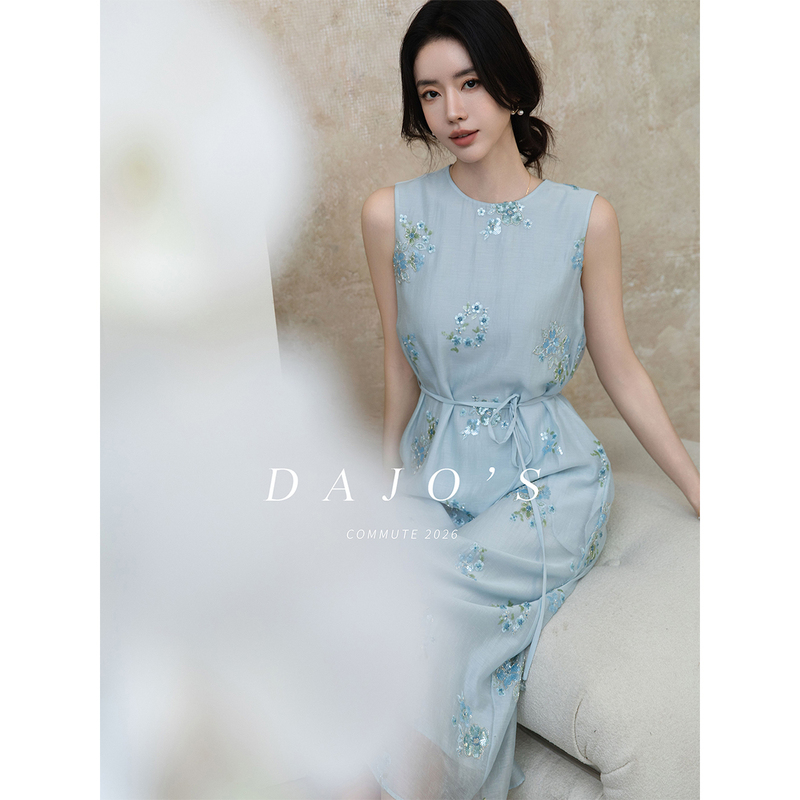 Dajo'S/ Jacaranda Triple Embroidery Technique Tencel Linen Round Neck Sleeveless Dress