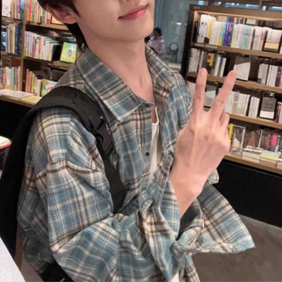 American retro plaid shirt men's long-sleeved summer thin blue high-end shirt cleanfit couple jacket
