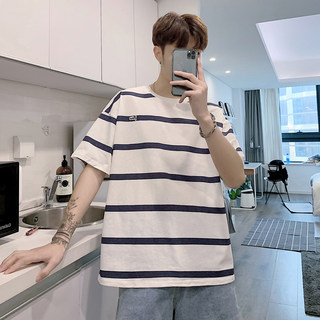 Hong Kong style striped t-shirt men's summer short-sleeved thin section T-shirt ins tide brand loose white couple outfit bottoming shirt top