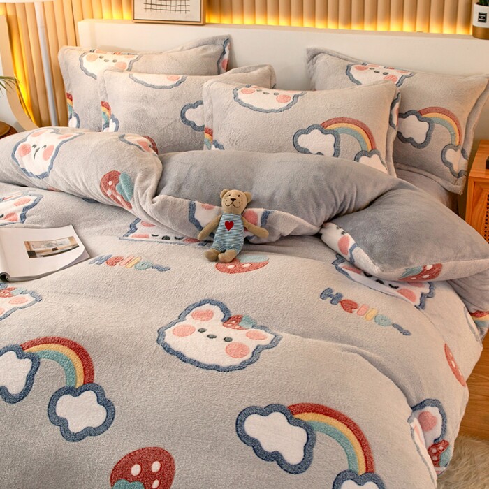 Cartoon coral velvet bedding four-piece winter bed sheet quilt cover flannel milk velvet autumn and winter bed three-piece set