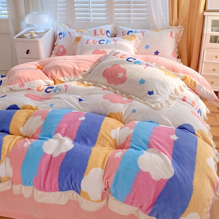 Korean-style milk velvet four-piece set winter small fresh princess style bed sheet quilt cover double-sided velvet flannel bedding