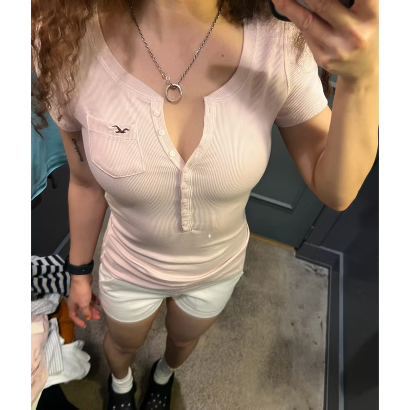 3 Colors in Stock~ Little Seagull Henley Shirt Short-Sleeve Base Shirt for Women, Summer Round-Neck T-Shirt, Slim Fit American-Style Regular Shoulder Top