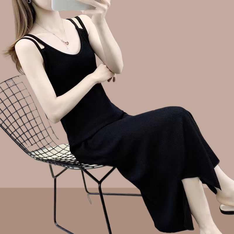 Knitted Dress 2025 New Summer Ice Silk Camisole Dress Mid-Length Black Tank Dress with Slim Fit Skirt Underneath