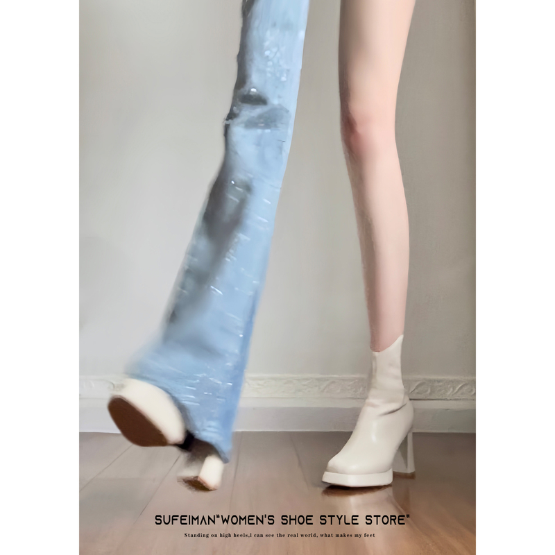 Sophie Man Thick-Soled Martin Boots for Women, Autumn and Winter White High-Heeled Slim Boots, Chunky Heel Short Boots, Waterproof Platform Chelsea Boots