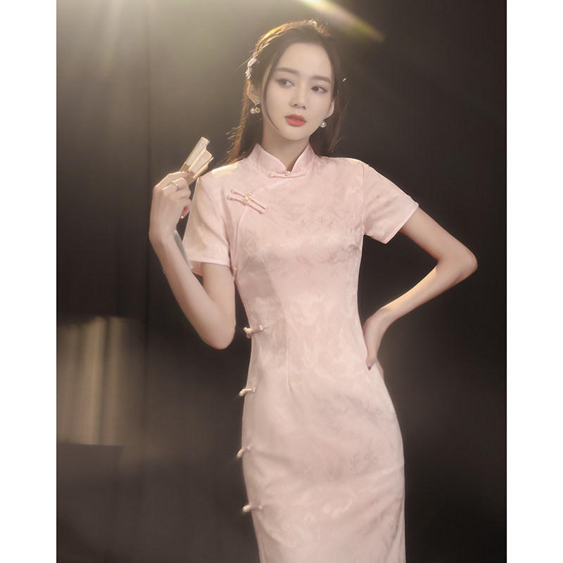 Bone erosion cheongsam improved version French pink young girl mid-length dress waist retro Chinese style summer