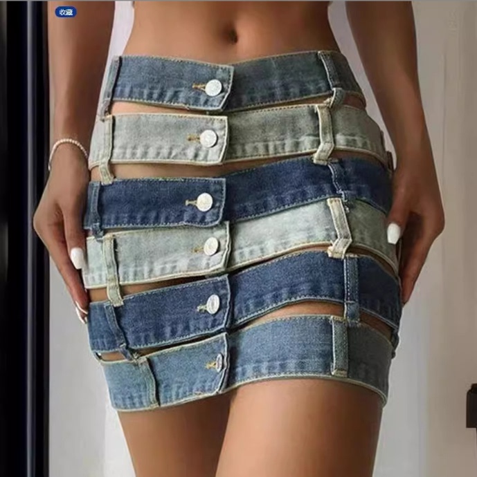 European and American 2026 Women's New Casual Fashion Trendy Single-Breasted Sexy Hollow-Out Side Pocket Denim Short Skirt