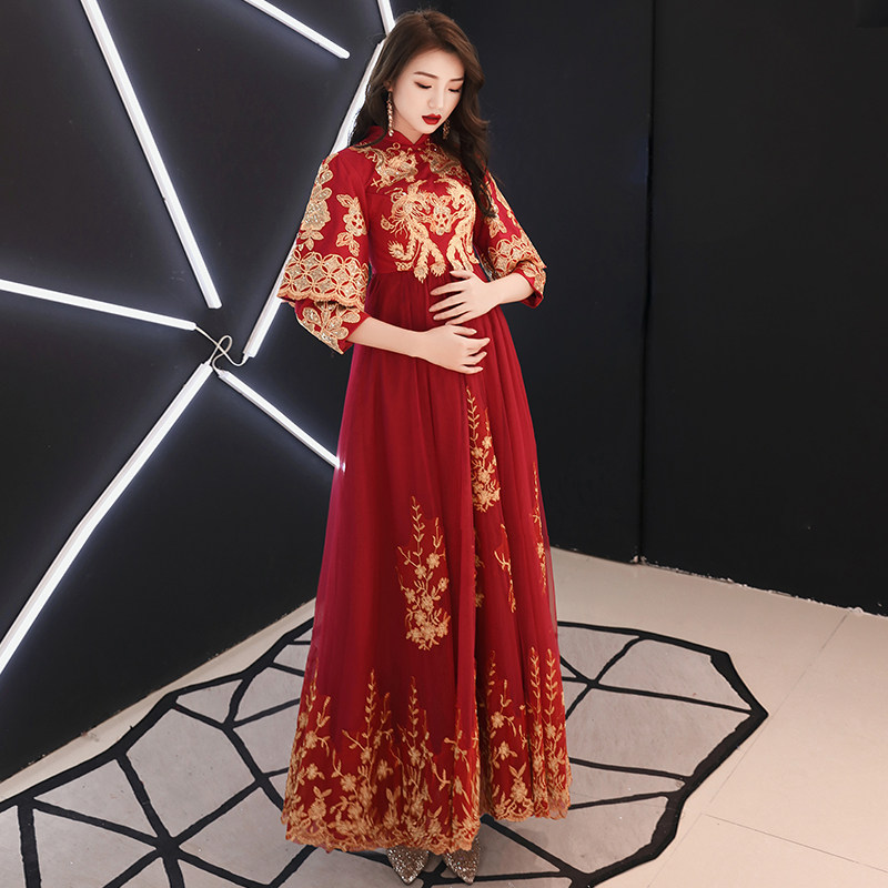 Pregnant woman toast dress Bride high waist belly cover wine red long sleeve Chinese Xiuhe dress Wedding large size fat mm dress female