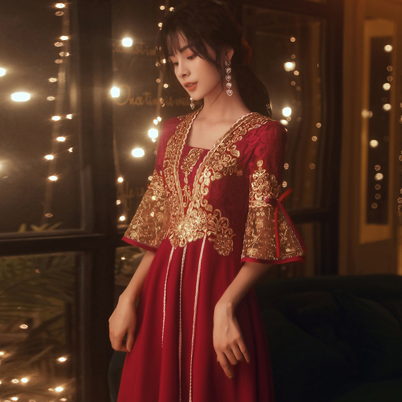 Pregnant woman toast bride 2022 new red wedding engagement show and gown big size Fat mm Advanced foreign dress